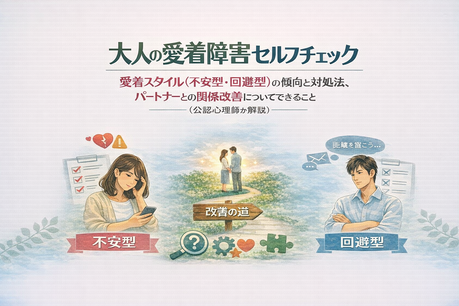 大人の愛着障害セルフチェック｜愛着スタイル（不安型・回避型）の傾向と対処法、パートナーとの関係改善について（公認心理師が解説）